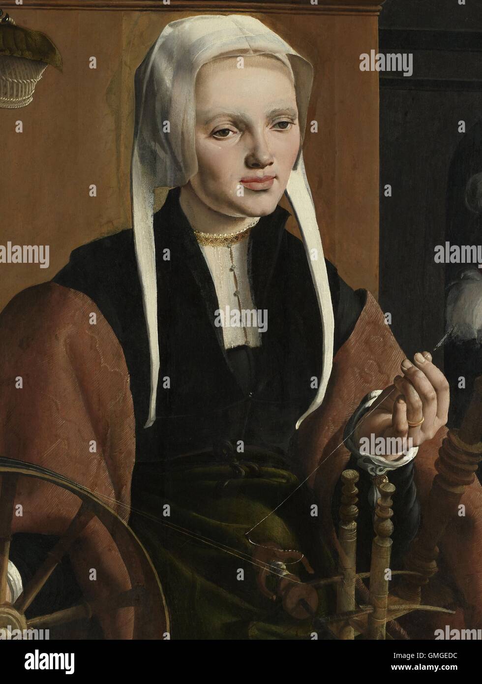 Anne Codde, Ehefrau von Pieter Gerritsz Bicker, von Maarten van Heemskerck, 1529, niederländische Malerei, Öl auf Holz. Sitzen in einer Spinnerei Stockfoto