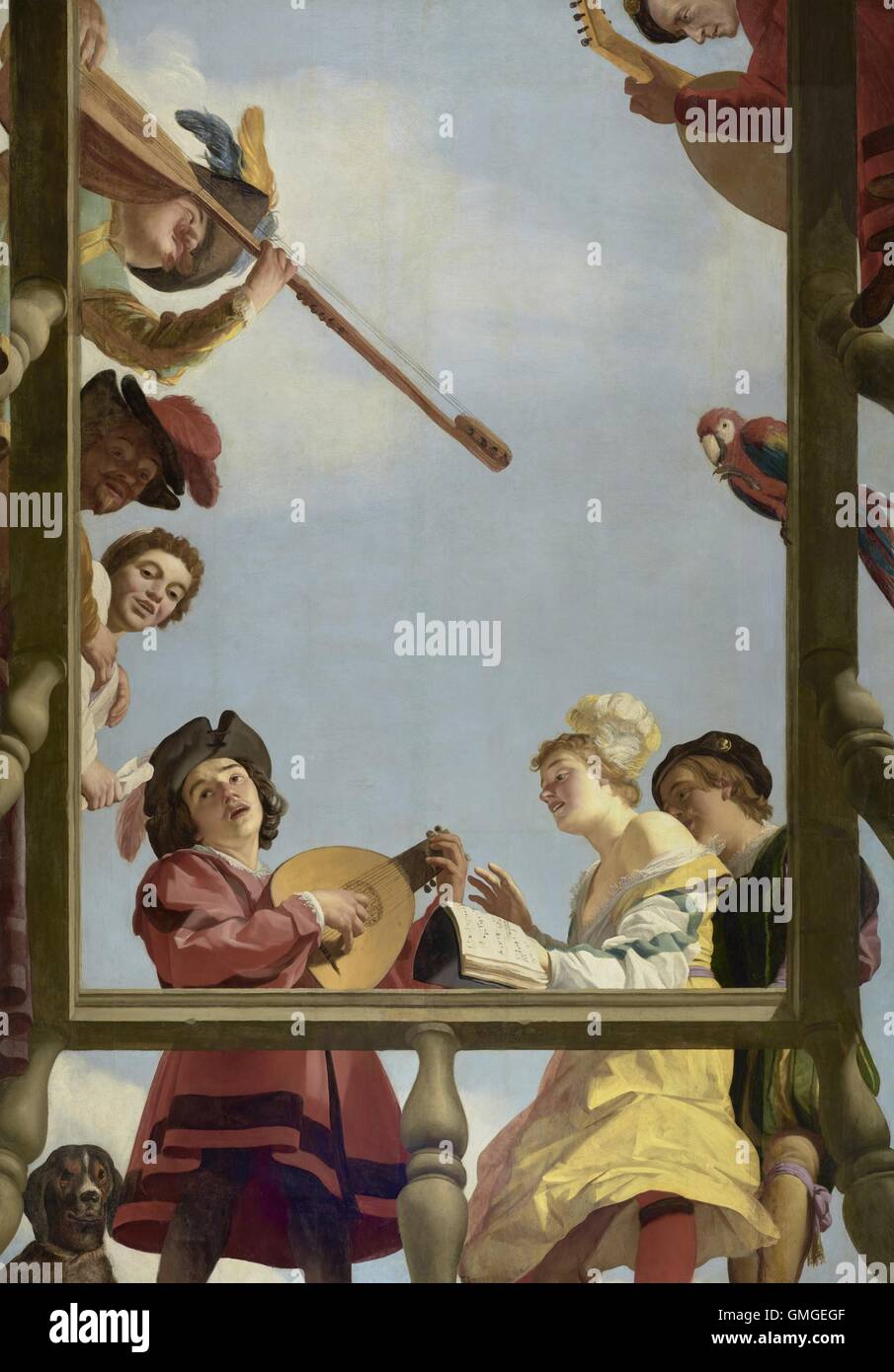 Musical-Gruppe auf einem Balkon, von Gerrit van Honthorst, 1622, niederländische Malerei, Öl auf Leinwand. Festliche Sänger umsehen nach unten aus Stockfoto