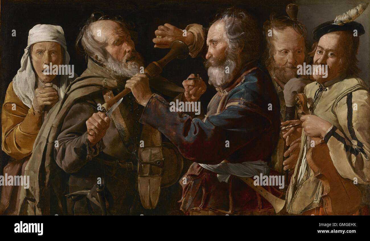 Die Musiker Schlägerei von Georges De La Tour, 1625-30, französische Malerei, Öl auf Leinwand. Zwei Straßenmusiker zu kämpfen, vielleicht über Gebiet, ihre Instrumente zu spielen. Jeder Charakter verfügt über individuelle Details, wie etwa faulenden Zähnen, Gesten, ledrige Haut und w (BSLOC 2016 6 174) Stockfoto
