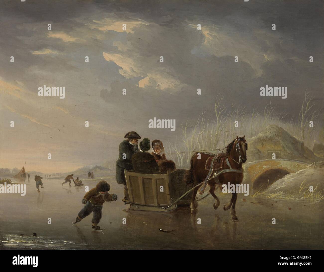 Winter-Szene (Pferdeschlitten auf dem Eis), Andries Vermeulen, 1790-1814, niederländische Malerei, Öl auf Holz. Winterlandschaft mit einem Pferd gezogenen Schlitten und Inline-Skater auf dem Eis (BSLOC 2016 6 191) Stockfoto