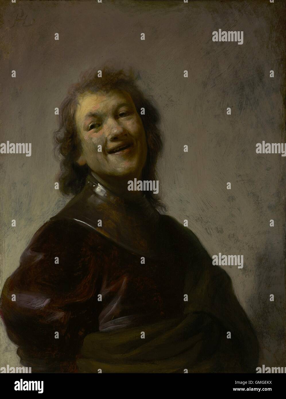 Rembrandt lachen, von Rembrandt van Rijn, c. 1628, niederländische Malerei, Öl auf Kupfer. Selbstbildnis im Alter von 21 oder 22, gemalt Stockfoto