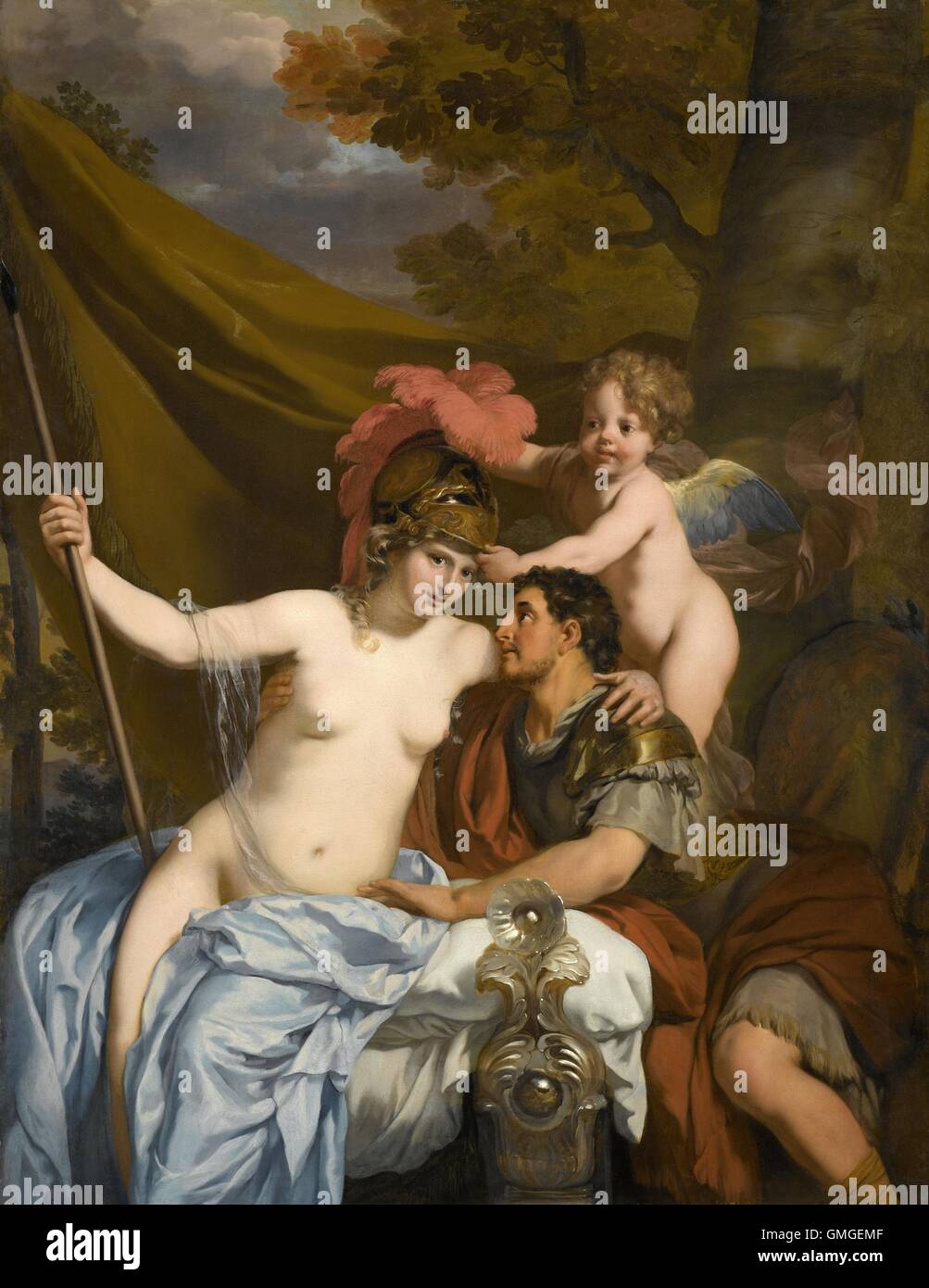 Odysseus und Calypso, von Gerard de Lairesse, 1680, niederländische Malerei, Öl auf Leinwand. Heldenhaften Krieger Odysseus auf der Insel Ogygia, wo die Nymphe Kalypso hält sie ihn seit Jahren. Amor (Amor), der Gott der Liebe, legt Odysseus Kampf Helm auf Calypso "(BSLOC 2016 6 208) Stockfoto