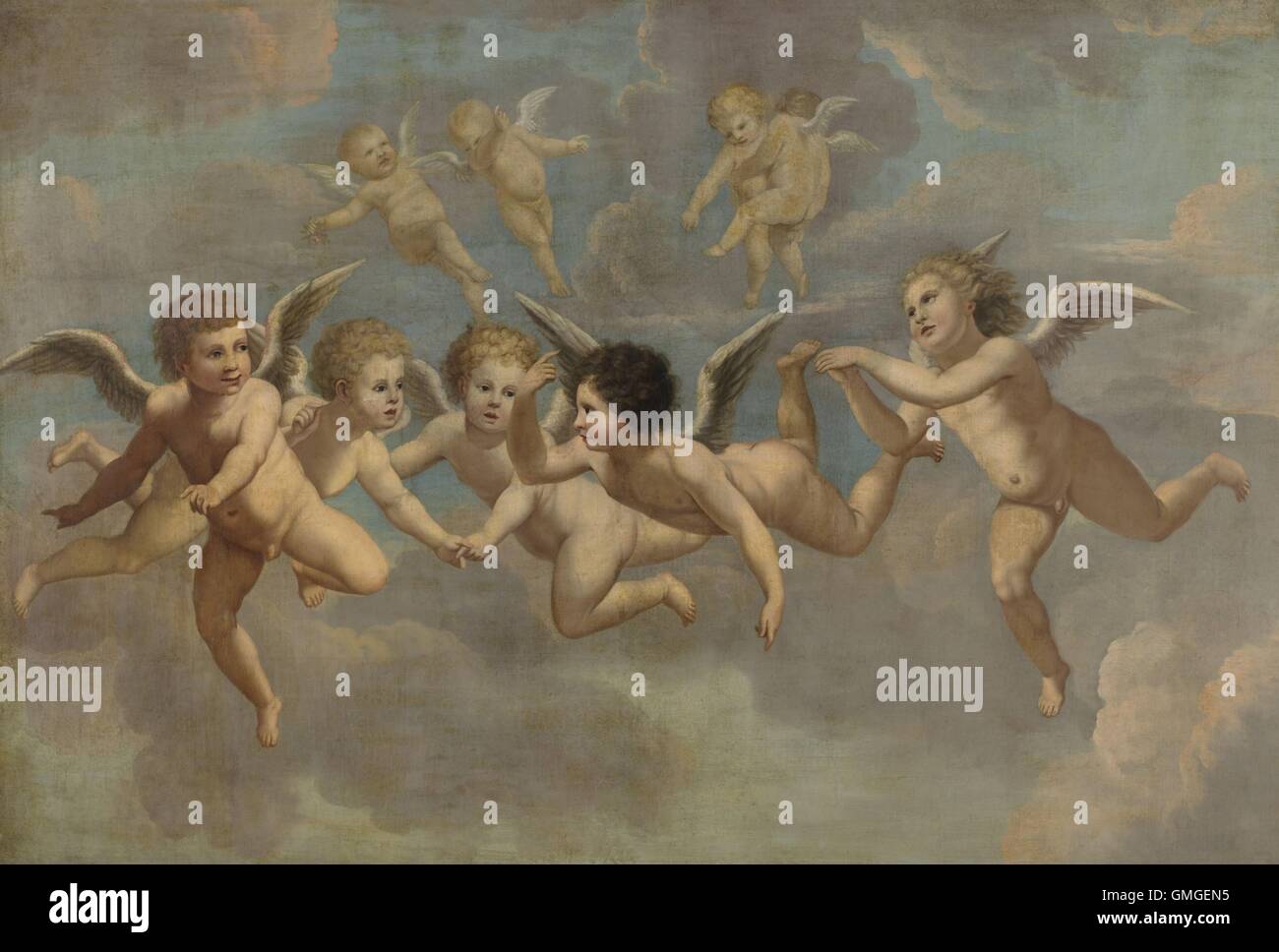 Fünf fliegende Putti, von anonymen Künstler, c. 1650, europäische Malerei. Ehemals Teil der ein Deckengemälde. Putten stellen nicht-religiösen Leidenschaften, im Gegensatz zu den ähnlich aussehenden, biblische Putten (BSLOC 2016 6 214) Stockfoto