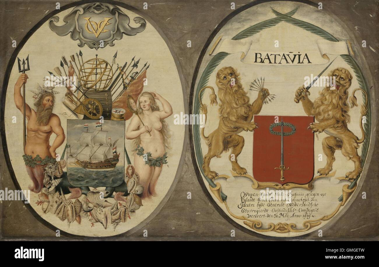 Das Wappen der niederländischen Ostindien-Kompanie und der Stadt Batavia, von Jeronimus Becx (II), 1651, niederländische Malerei, Öl auf Holz. Auf linken Schild sind die Wappen Wappen der niederländischen Ostindien-Kompanie mit Neptun, eine Meerjungfrau, eine holländische Schiff und eine Fe (BSLOC 2016 6 255) verziert. Stockfoto