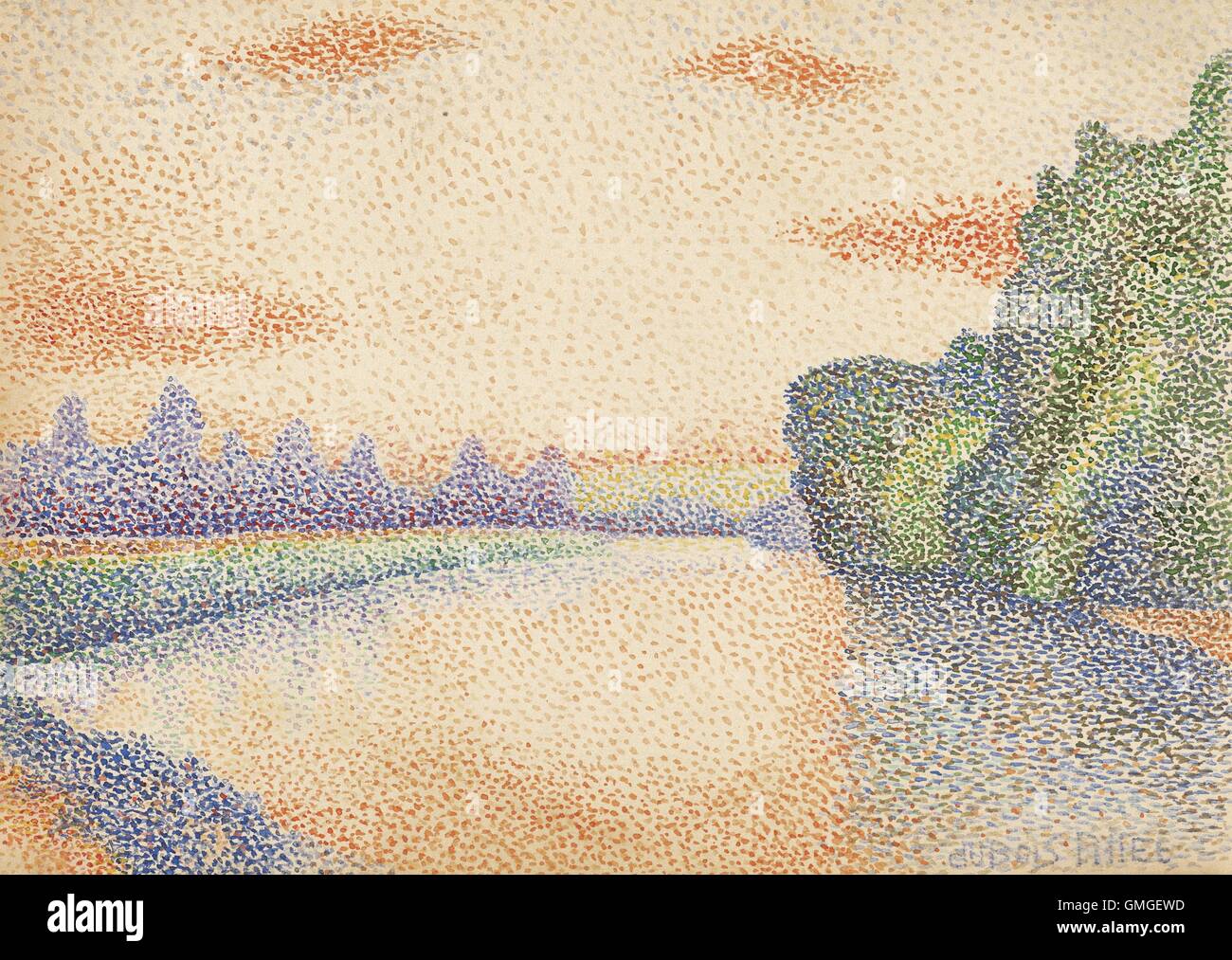 Die Ufer der Marne in der Morgendämmerung, von Albert Dubois-Pillet, französische 1888, post-impressionistischen Aquarellmalerei. Die pointillistische Technik schafft ein Gesamtbild durch kleine Farbtupfer (BSLOC 2016 6 26) Stockfoto