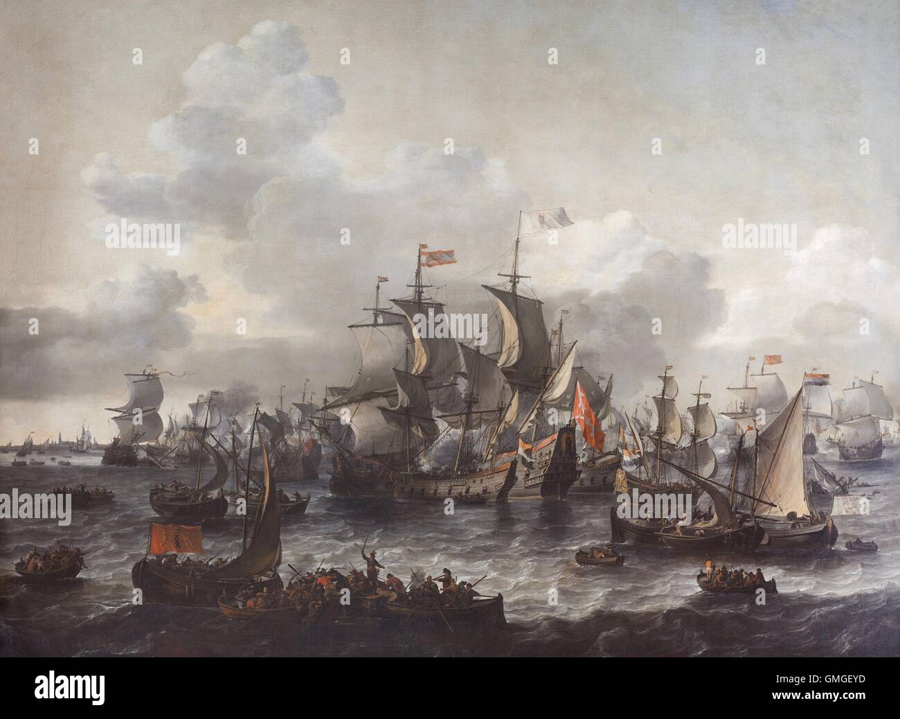 Der Kampf der Zuidersee, 1573 von Jan Blanckerhoff und Johannes Kinnema, 1663, niederländische Malerei, Öl auf Leinwand. Am 11 Oktober 1573 zerstört die niederländische Flotte eine größere und besser ausgestattete spanische Flotte. Bild zeigt die Holländer einsteigen Graf Boussu (BSLOC 2016 6 280) Stockfoto