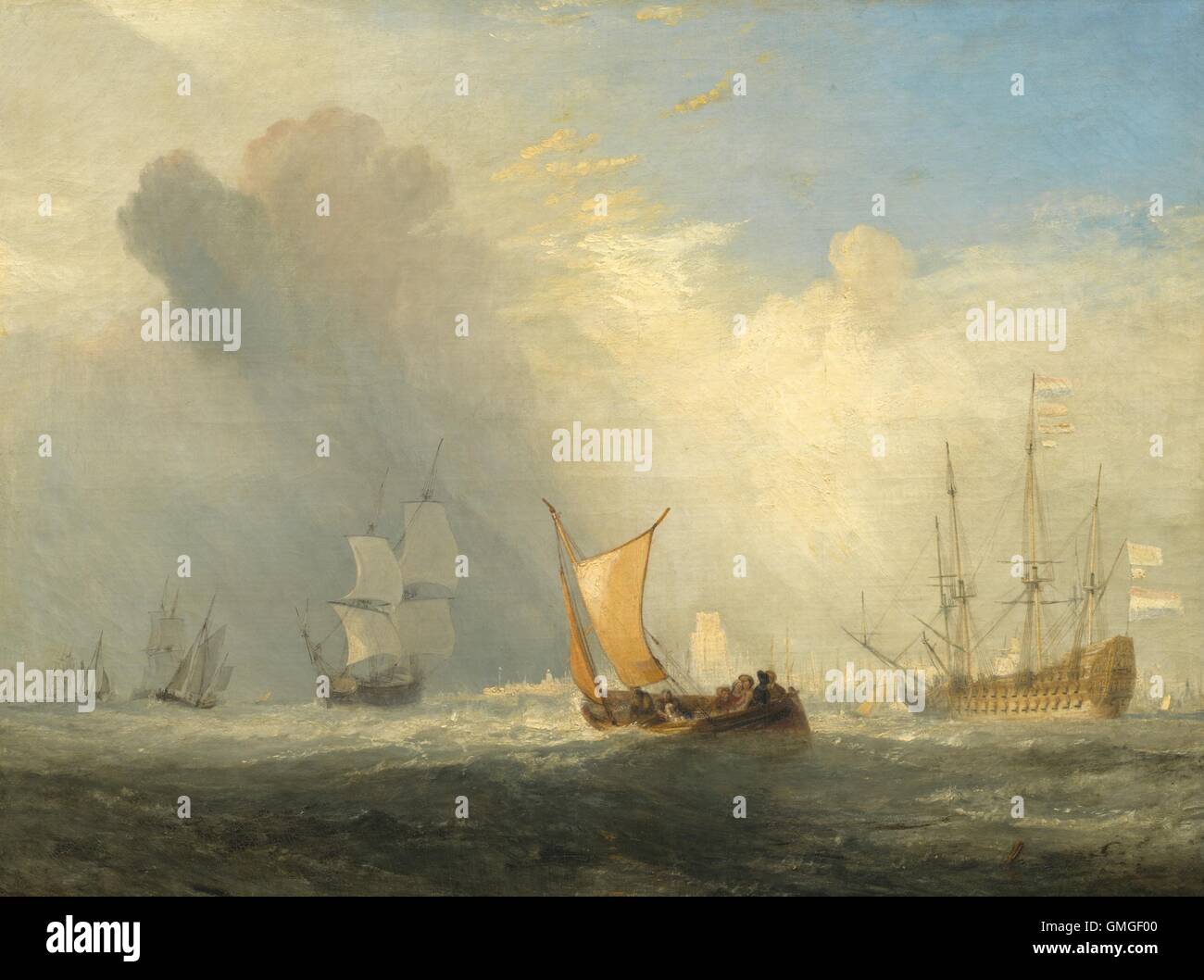 Rotterdam Fähre von Joseph Mallord William Turner, 1833, Brite/Britin Malerei, Öl auf Leinwand. Die kleine Passagier-Fähre scheint anfällig gegen die Wellen, die Schiffe und die Wolken über dem Hafen von Rotterdam (BSLOC 2016 6 289) Stockfoto