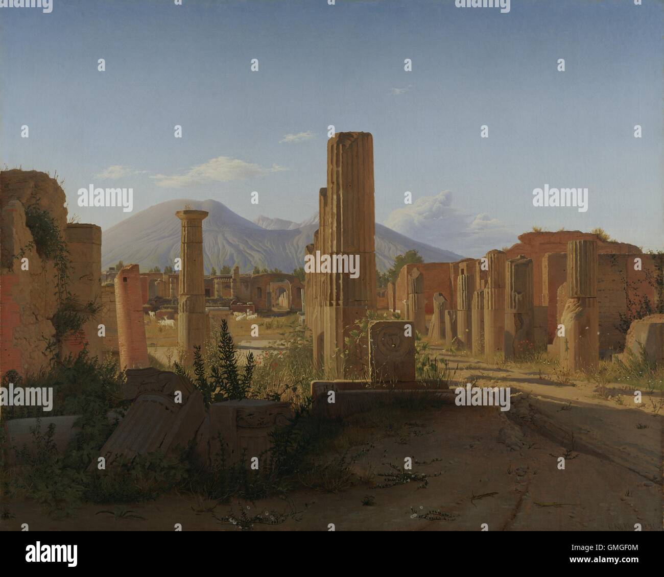 Das Forum von Christen Schjellerup Kobke, 1841, dänische Malerei, Öl auf Leinwand. Vesuv im Hintergrund abzeichnet, hinter die architektonischen Überreste der Pompei-Forum, gerendert in scharfe Präzision mit Vegetation, grasen Ziegen, und Eidechsen bewohnen die tote Stadt (BSLOC 2016 6 295) Stockfoto