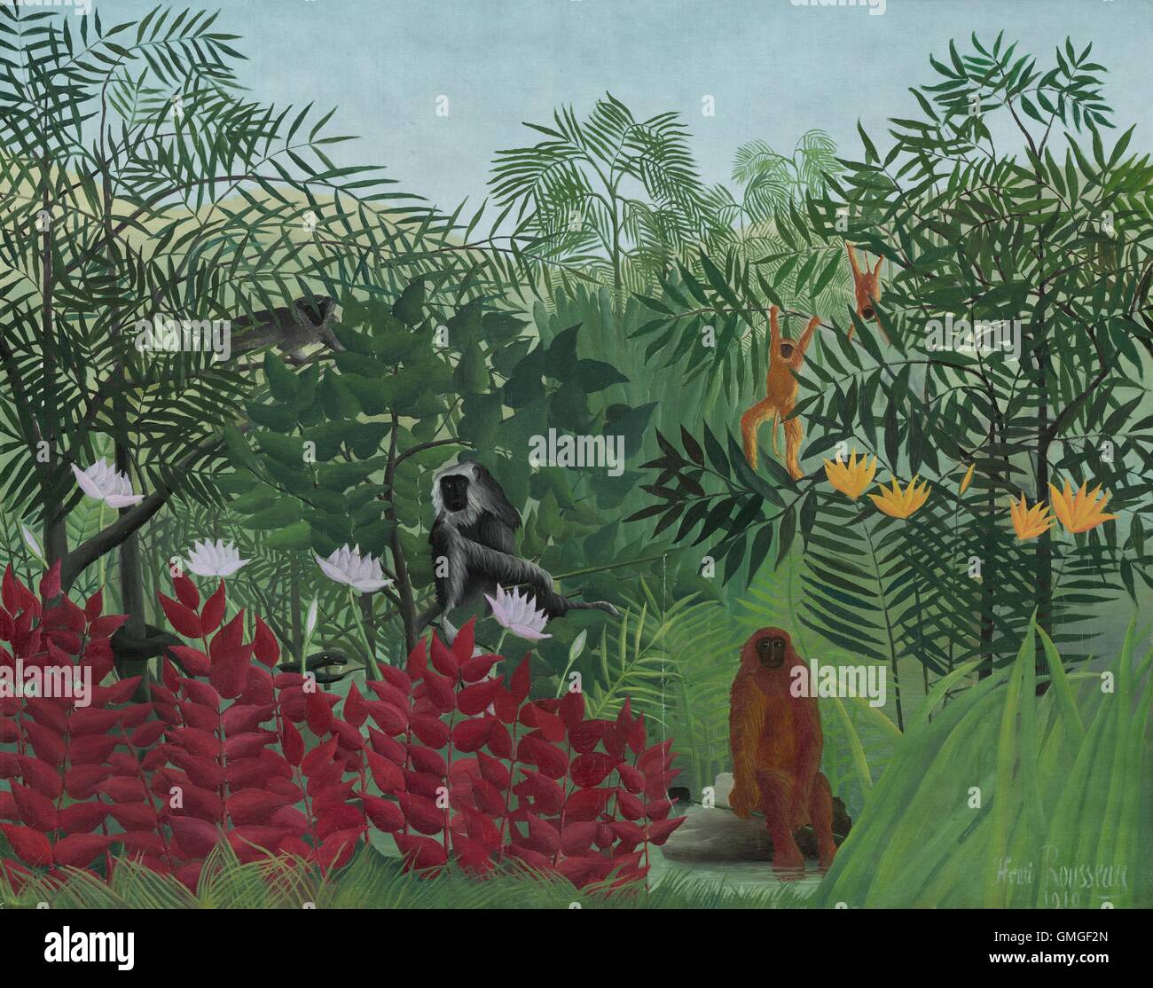 Tropischer Wald mit Affen, von Henri Rousseau, französische 1910, Malerei, Öl auf Leinwand. Rousseau übertrieben die Größe des gemeinsamen Pflanzen und Blumen, üppige Rahmenbedingungen für die Kreaturen in seiner Fantasie-Landschaften (BSLOC 2016 6 332) Stockfoto