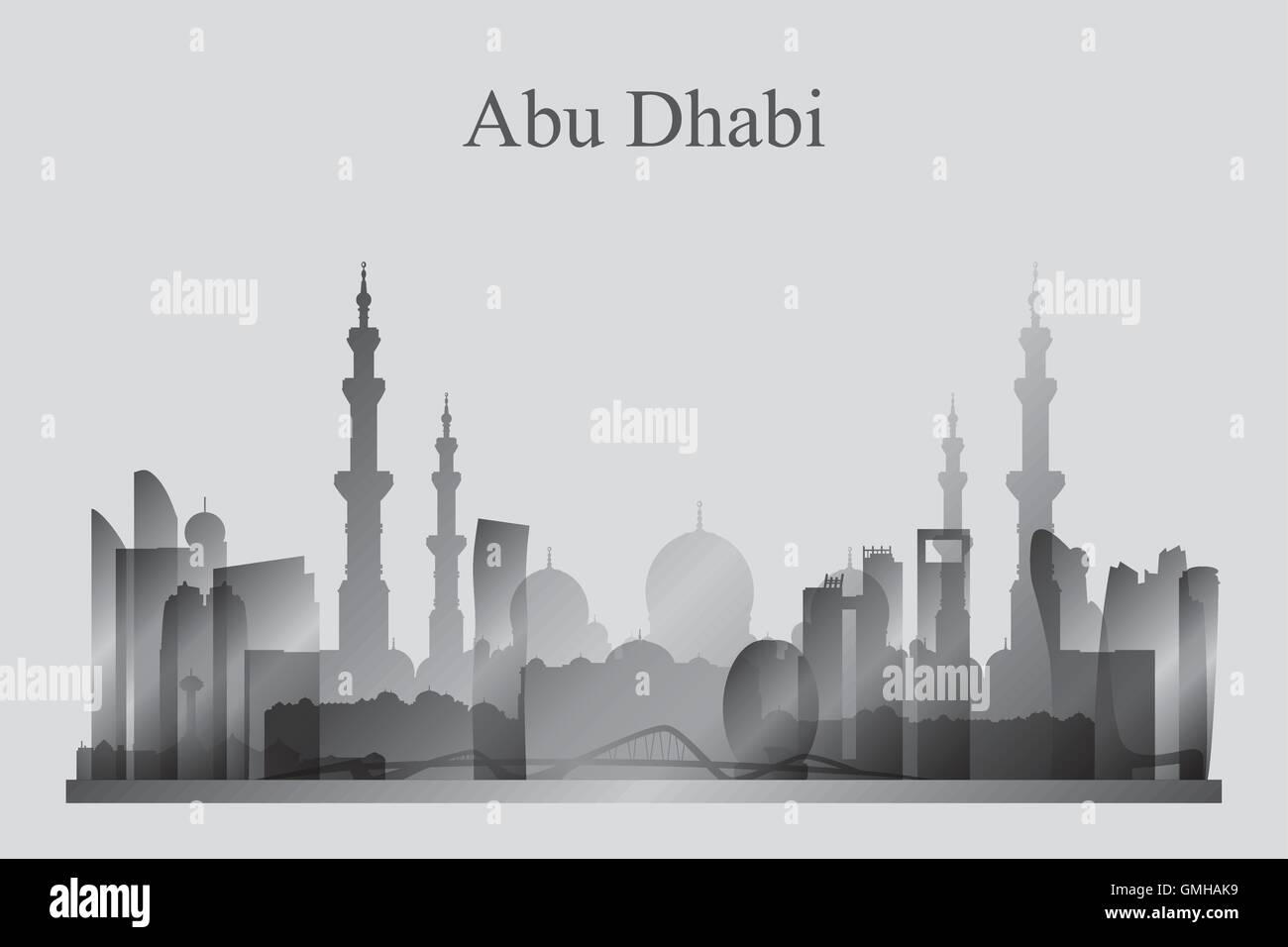 Abu Dhabi Stadt Skyline Silhouette in Graustufen Stock Vektor