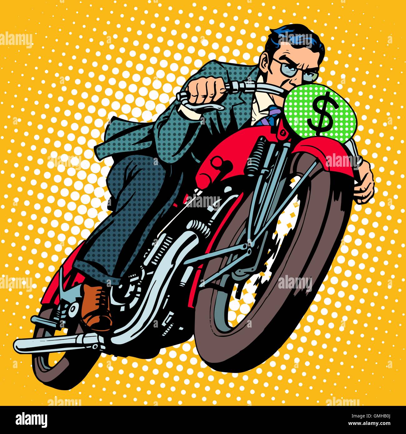 Geschäftsmann auf einem Motorrad. Finanzieller Erfolg Stock Vektor