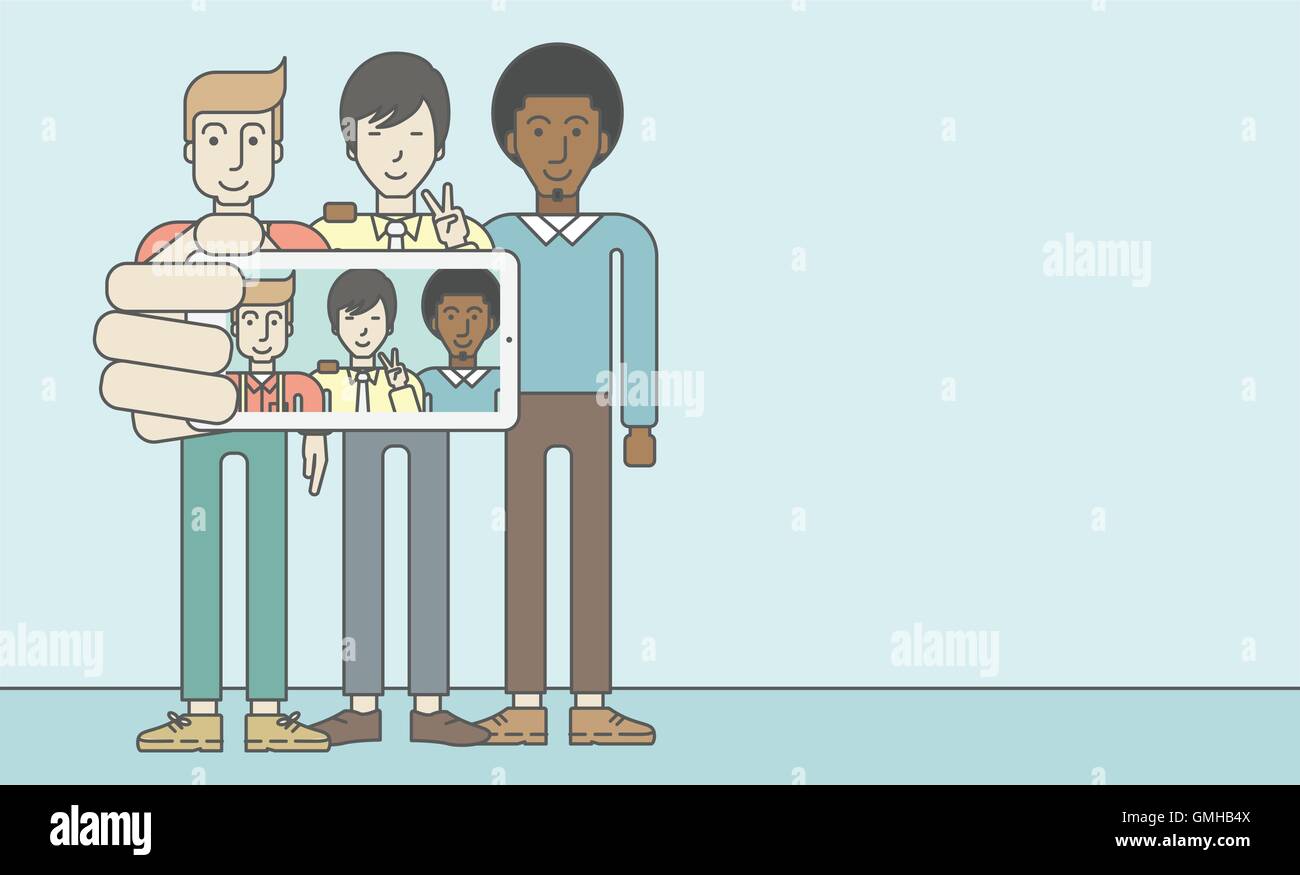 Drei glückliche Männer nehmen selfie Stock Vektor