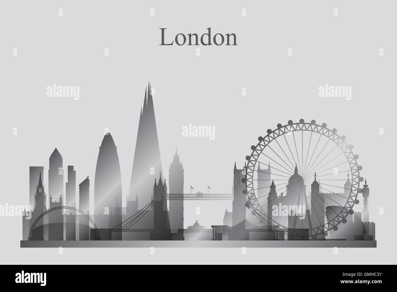 London Stadt Skyline Silhouette in Graustufen Stock Vektor