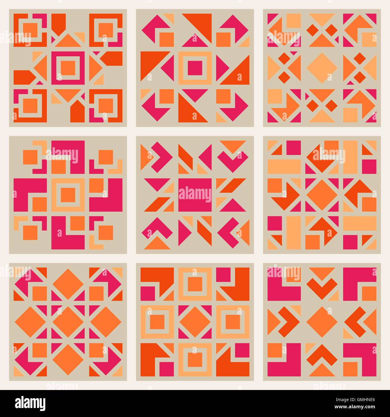 Vektor-geometrische quadratisches Muster Design Element Set in Pink und Orange Stock Vektor