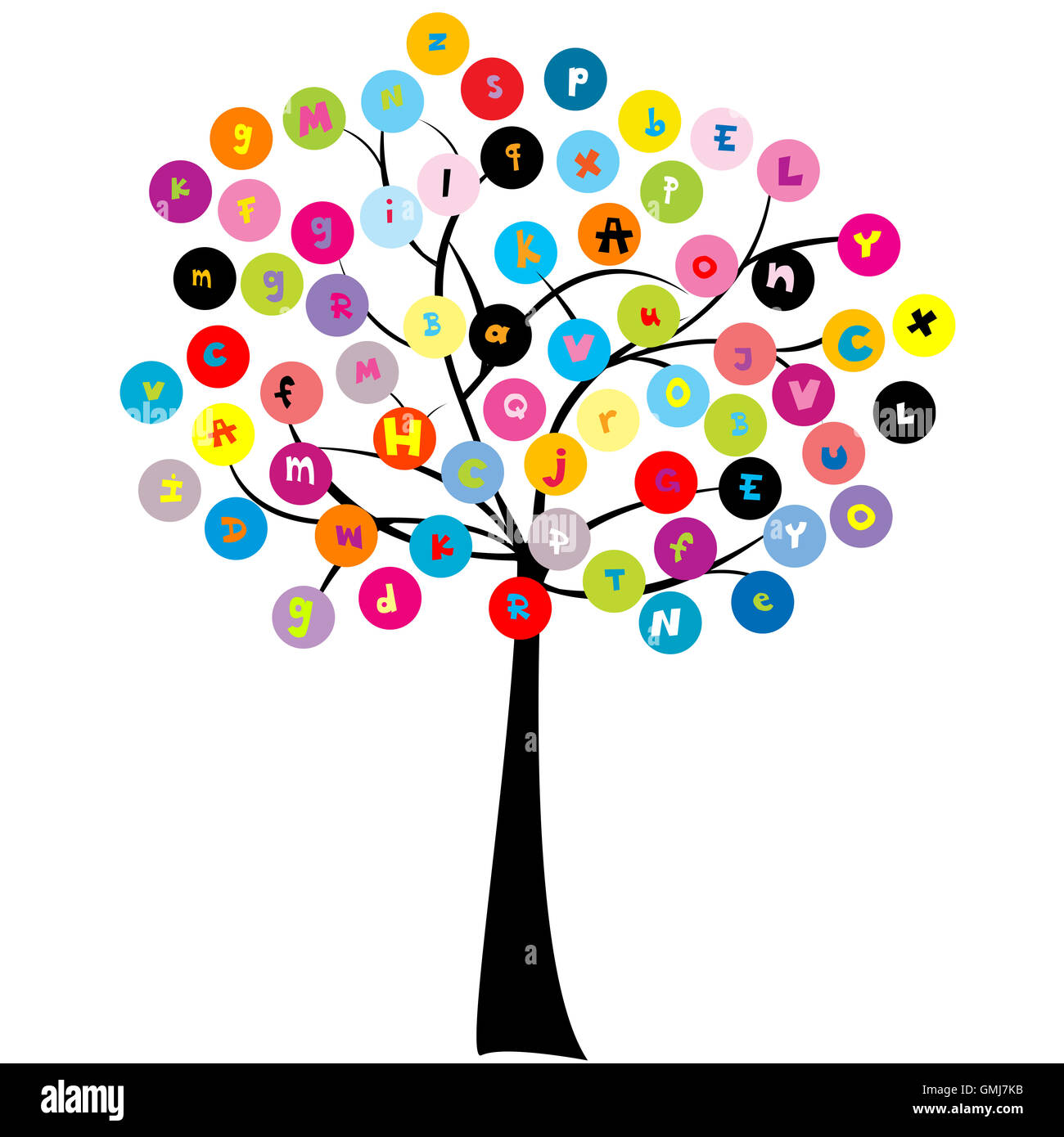 Stilisierter Baum mit Buchstaben des Alphabets Stockfoto