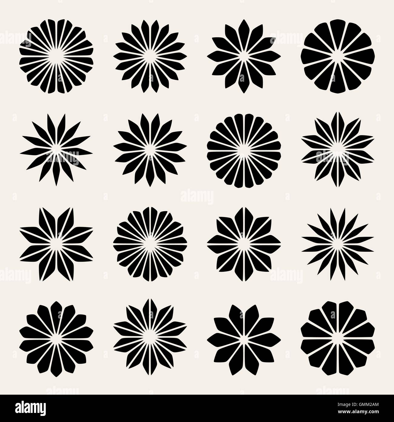 Satz von sechzehn Vector Black & weiße Blume Blütenblatt-Stern-Design-Elemente Stock Vektor