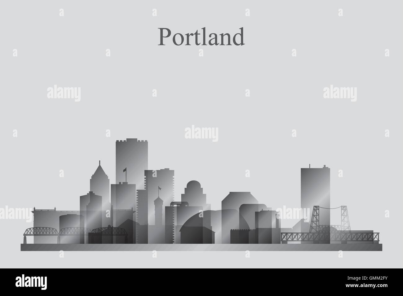 Portland Stadt Skyline Silhouette in Graustufen Stock Vektor