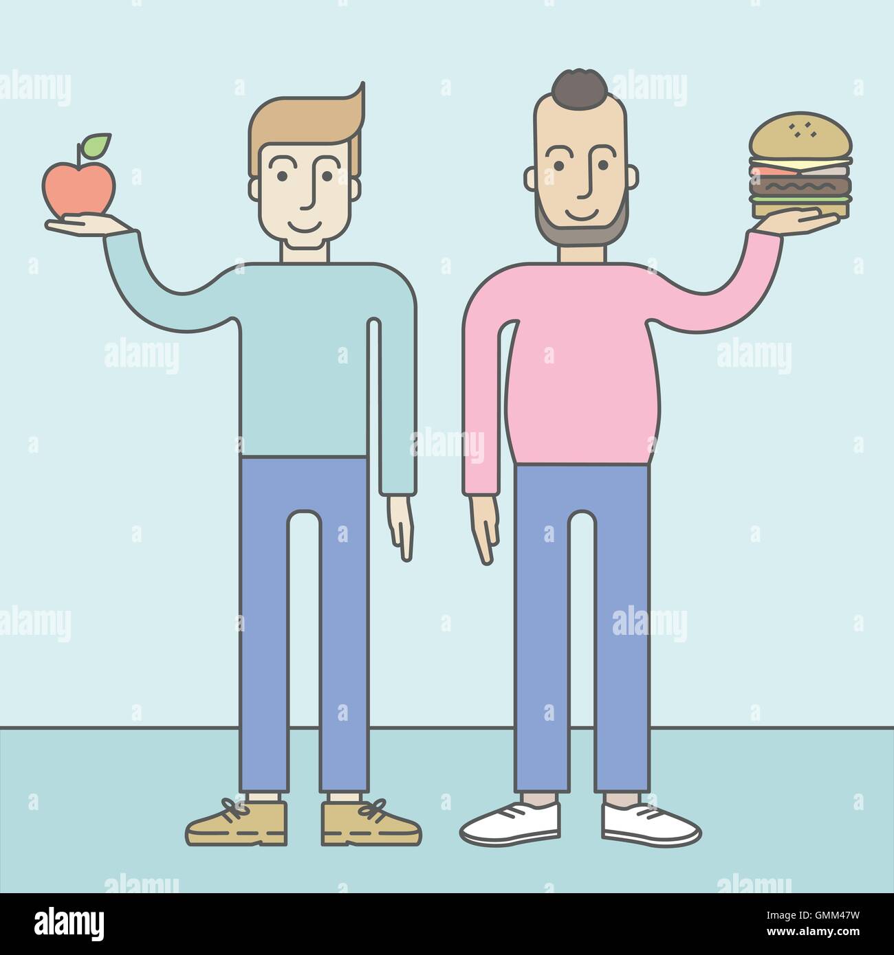 Männer stehen mit Hamburger und Apfel. Stock Vektor