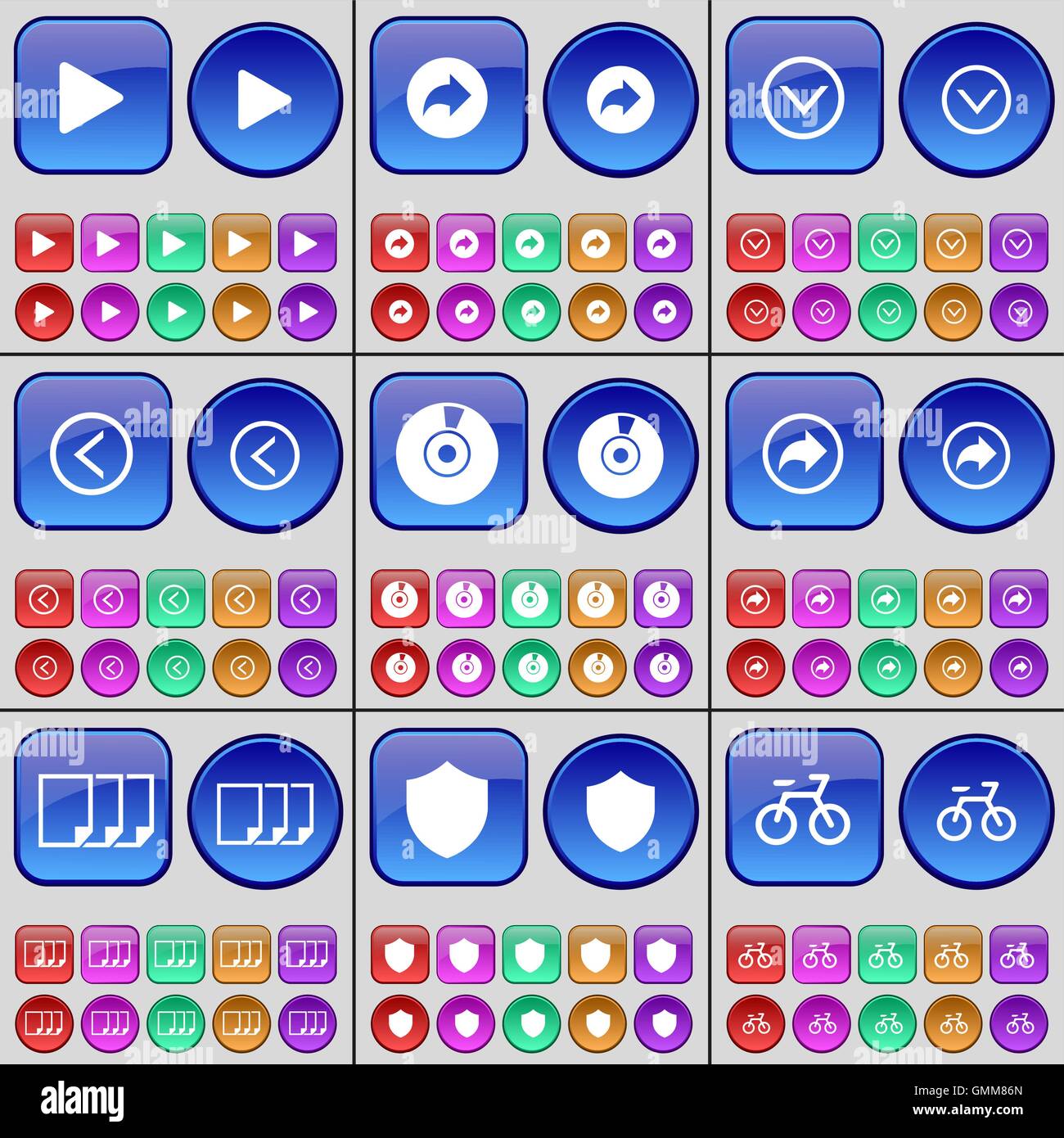 Medien spielen, wiederholen, Pfeil nach unten, Pfeil links, Festplatte, Datei, Abzeichen, Fahrrad. Eine große Anzahl von bunten Tasten. Vektor Stock Vektor