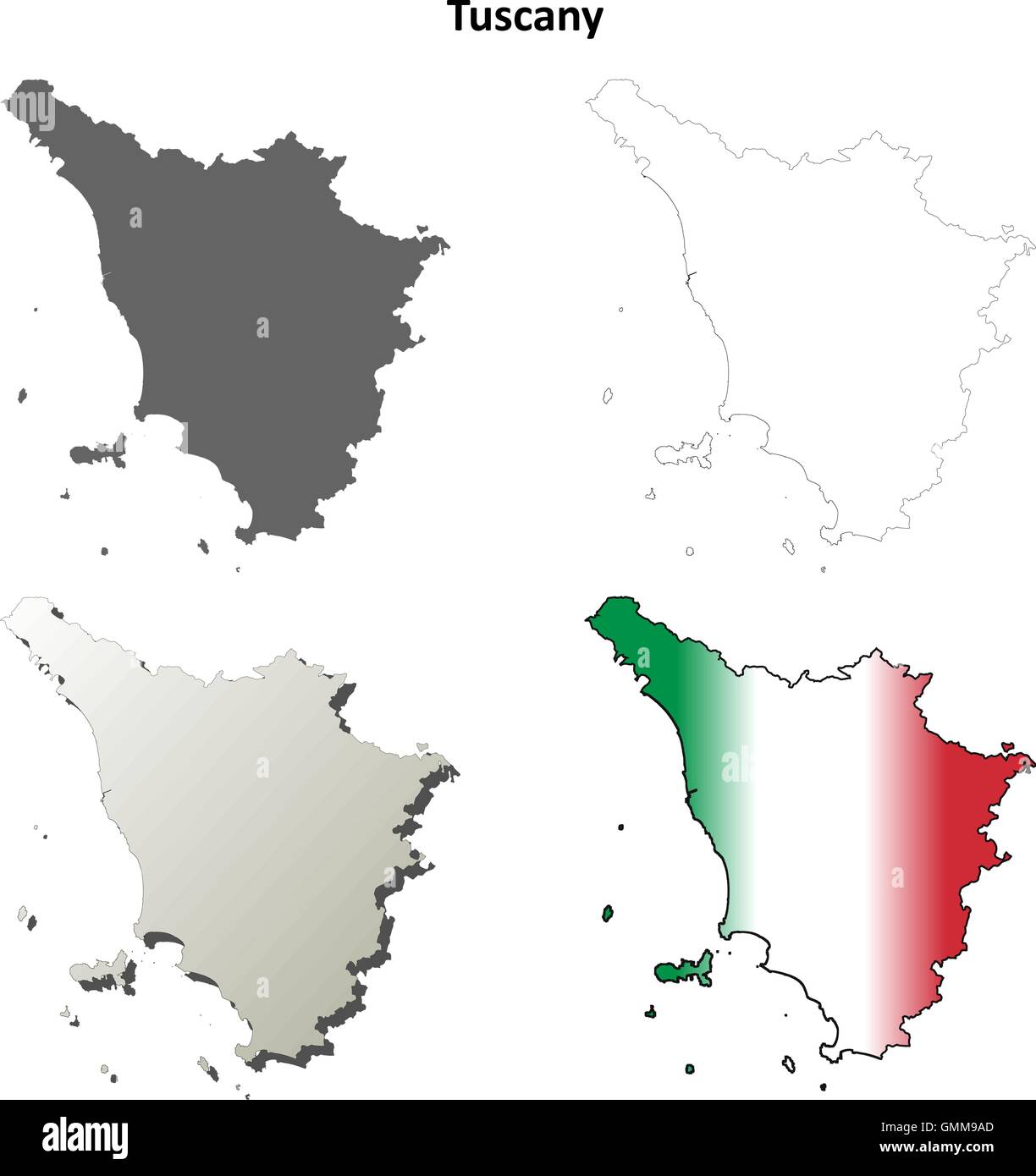 Tuscany leer detaillierte Gliederung Karte gesetzt Stock Vektor
