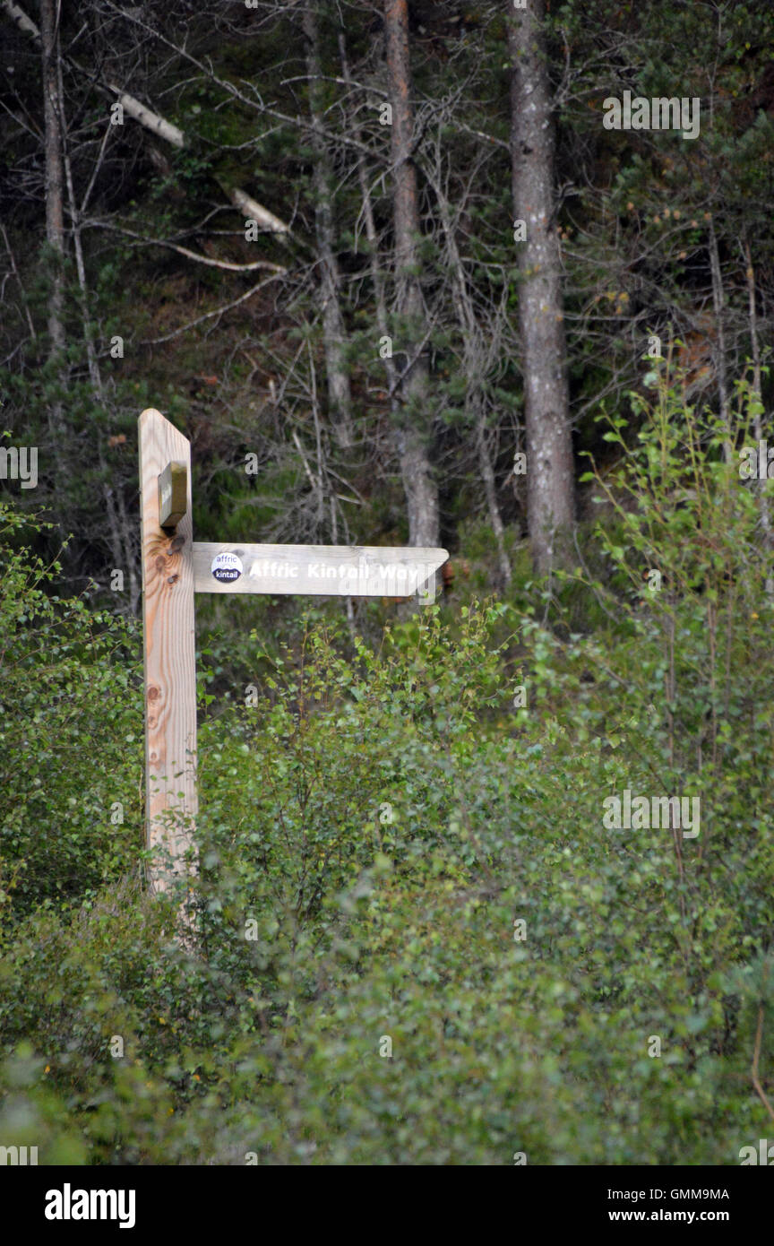 Wegweiser aus Holz auf dem Affric Kintail Weg vom Fluss Affric Parkplatz in Glen Affric, Schottisches Hochland, Schottland, Vereinigtes Königreich Stockfoto