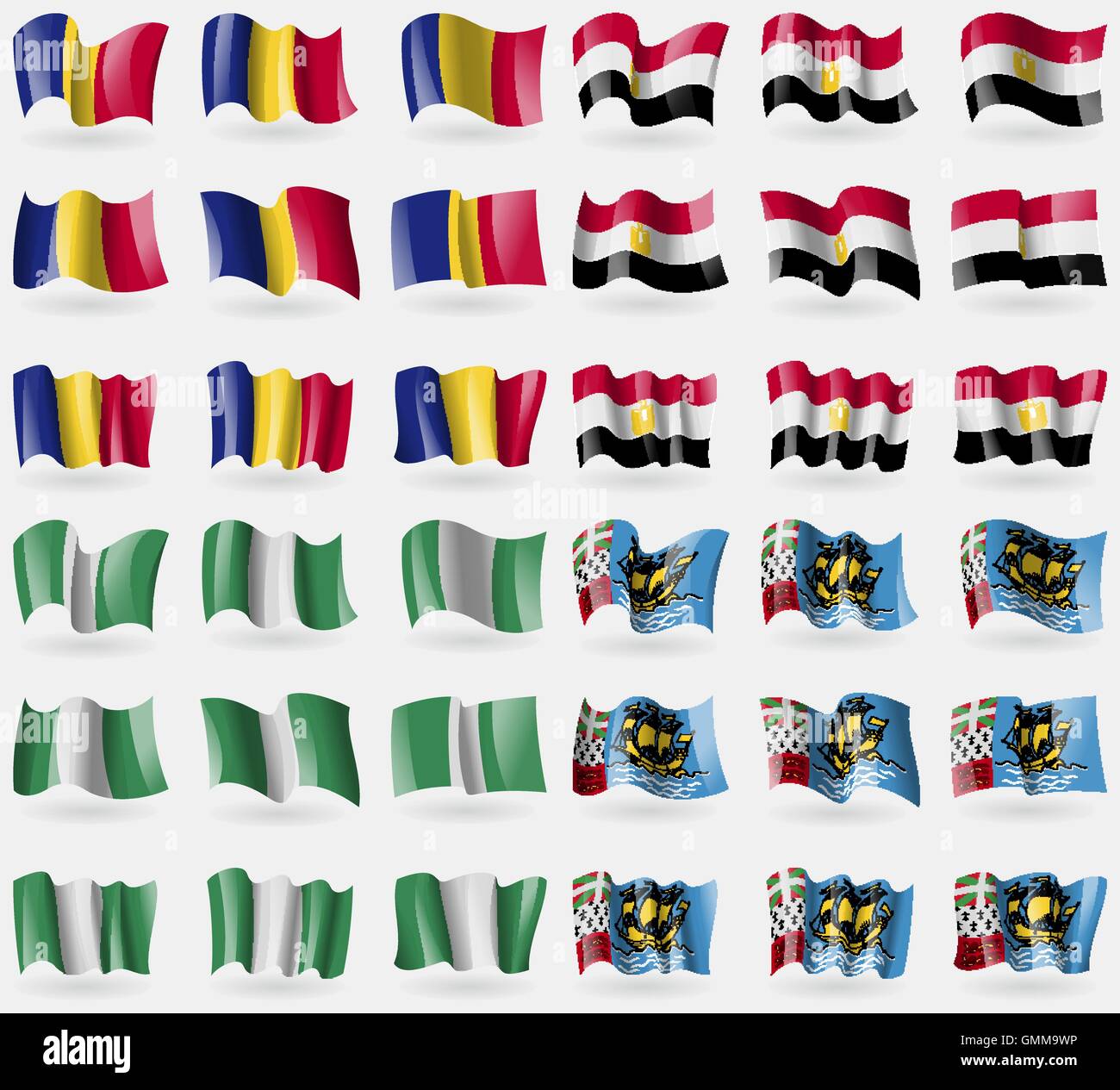 Rumänien, Ägypten, Nigeria, Saint Pierre und Miquelon. Satz von 36 Flaggen der Länder der Welt. Vektor Stock Vektor
