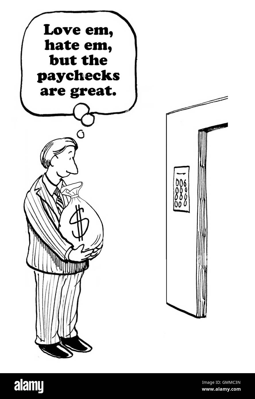 Business-Cartoon zeigt einen Geschäftsmann hält einen Beutel mit Geld, seinen Gehaltsscheck. Stockfoto