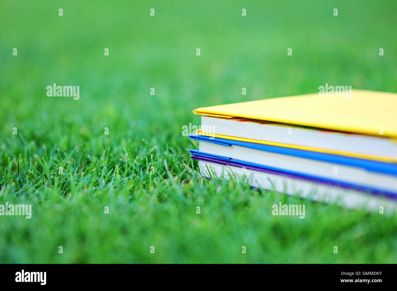 Stapel von drei Bücher auf dem grünen Rasen im park Stockfoto