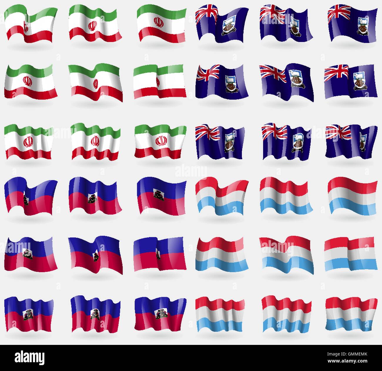 Iran, Falkland-Inseln, Haiti, Luxemburg. Satz von 36 Flaggen der Länder der Welt. Vektor Stock Vektor