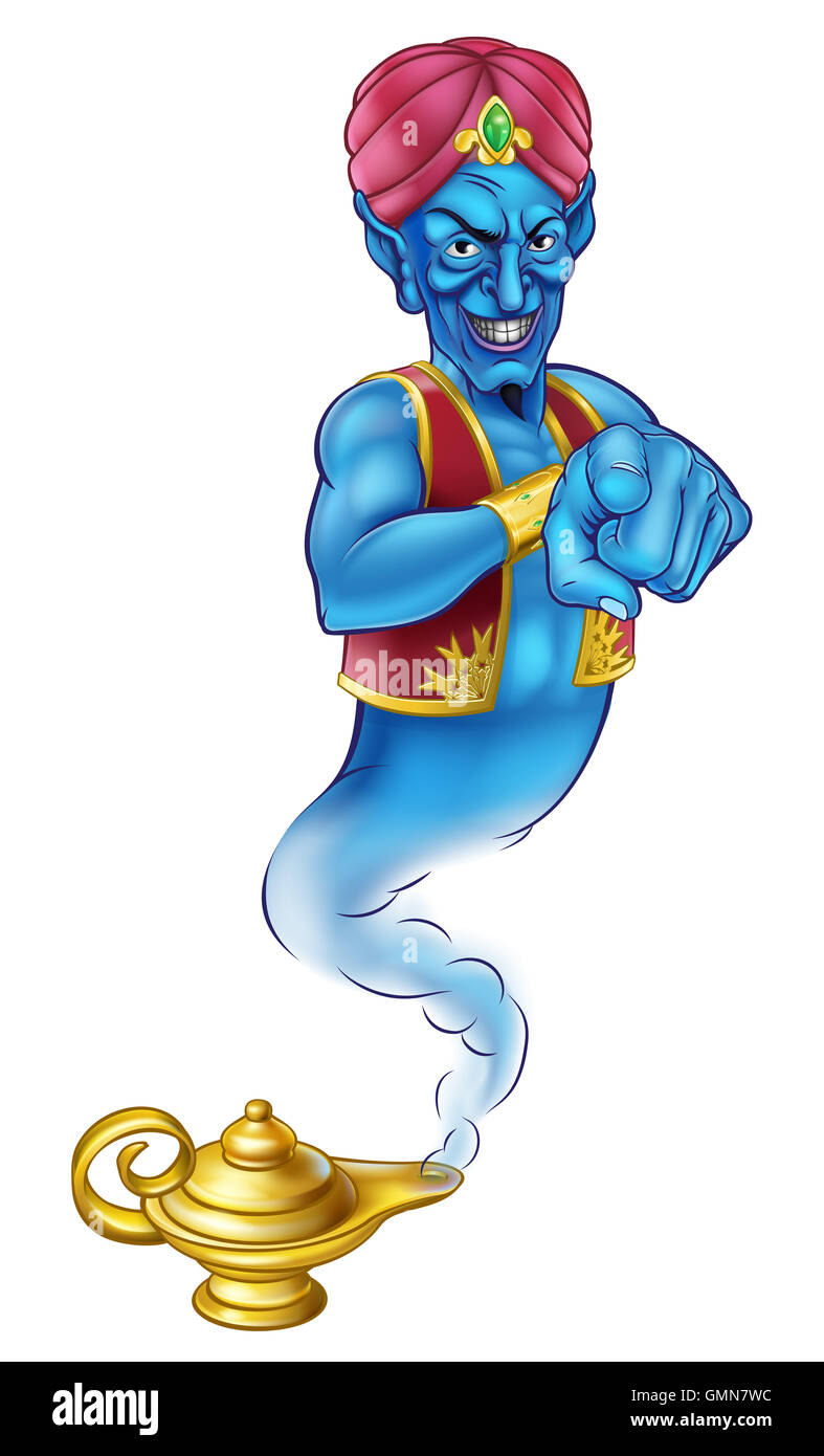 Ein böses Genie-Cartoon-Figur wie in der Geschichte von Aladdin eine magische Lampe aus und zeigt auf der Suche Stockfoto