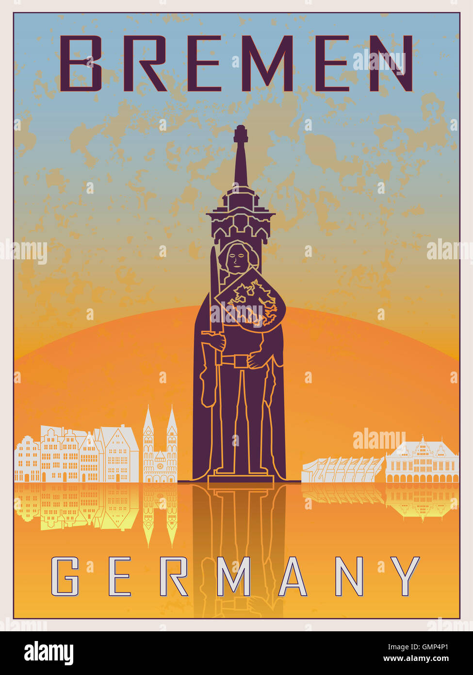 Bremen-Vintage Poster in orange und blau strukturierten Hintergrund mit Skyiline in weiß Stockfoto