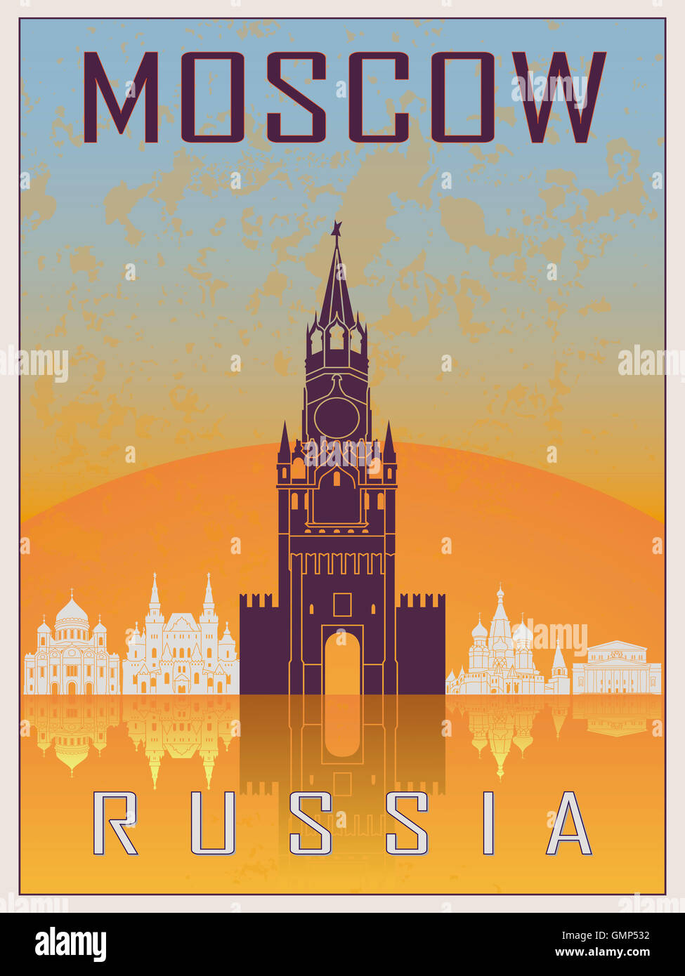 Moskau Vintage Poster in orange und blau strukturierten Hintergrund mit Skyiline in weiß Stockfoto