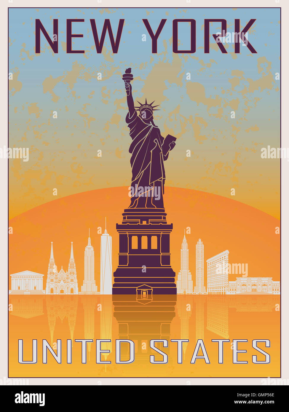 New York Vintage Poster 2 in orange und blau strukturierten Hintergrund mit Skyline in weiß Stockfoto