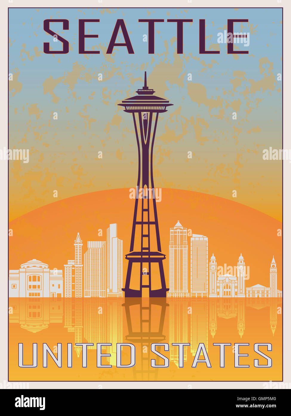 Seattle Vintage Poster in orange und blau strukturierten Hintergrund mit Skyiline in weiß Stockfoto