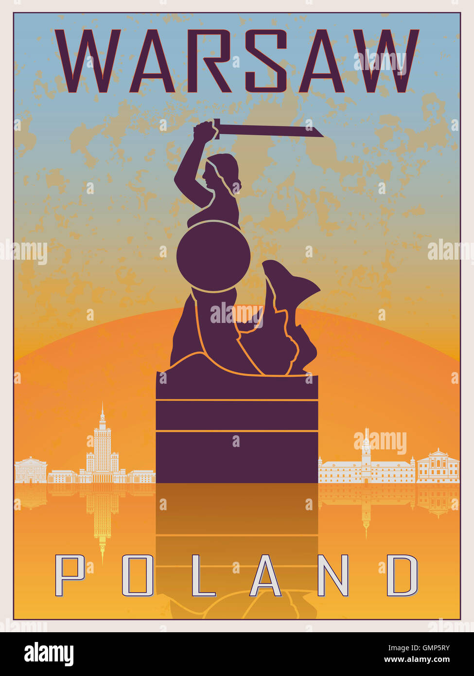 Warschau-Vintage Poster in orange und blau strukturierten Hintergrund mit Skyiline in weiß Stockfoto