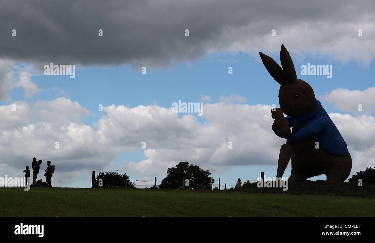 40ft acht Tonnen Statue aus Stroh und Stahl, der fiktive Figur Peter Rabbit von Beatrix Potter-Geschichten, erstellt von Snugbury Icecream Parlour in Nantwich, Cheshire hergestellt. Stockfoto