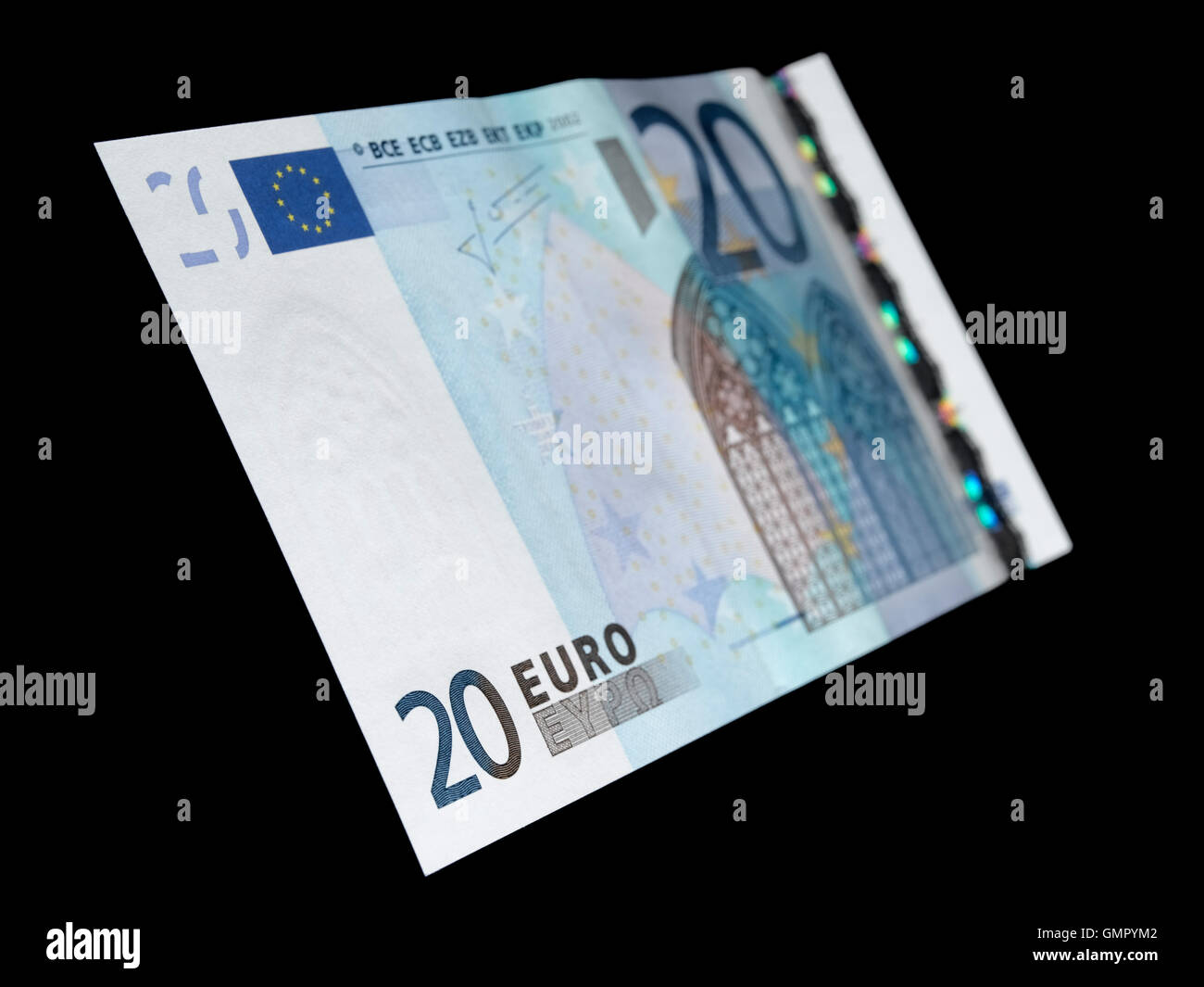 20-Euro-Schein auf schwarzem Hintergrund isoliert Stockfoto