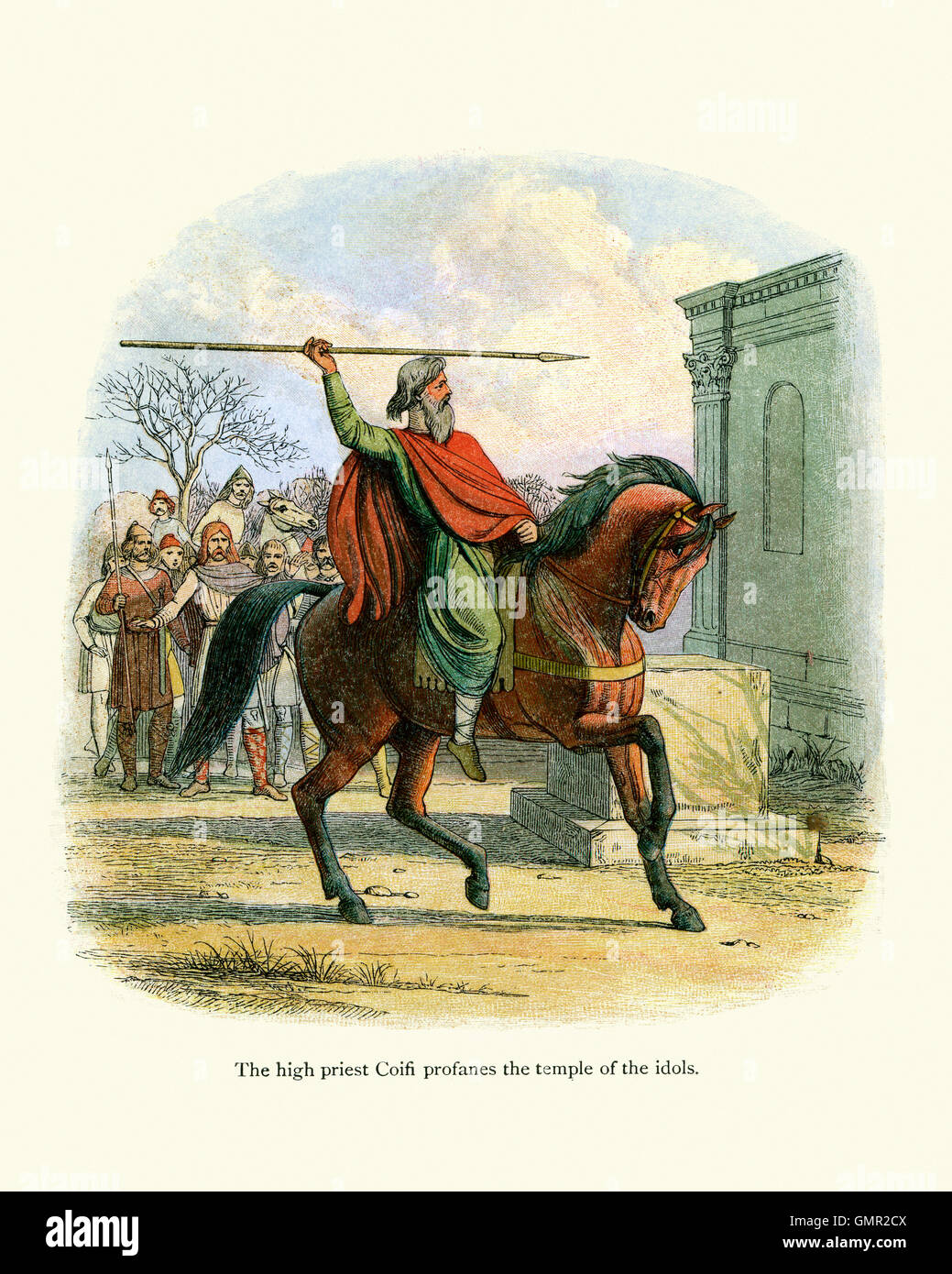 Hohenpriesters Coifi entheiligt die Tempel der Idole.  Coifi oder Cofi war der Priester des Tempels von Goodmanham in Northumbria in 627. Stockfoto