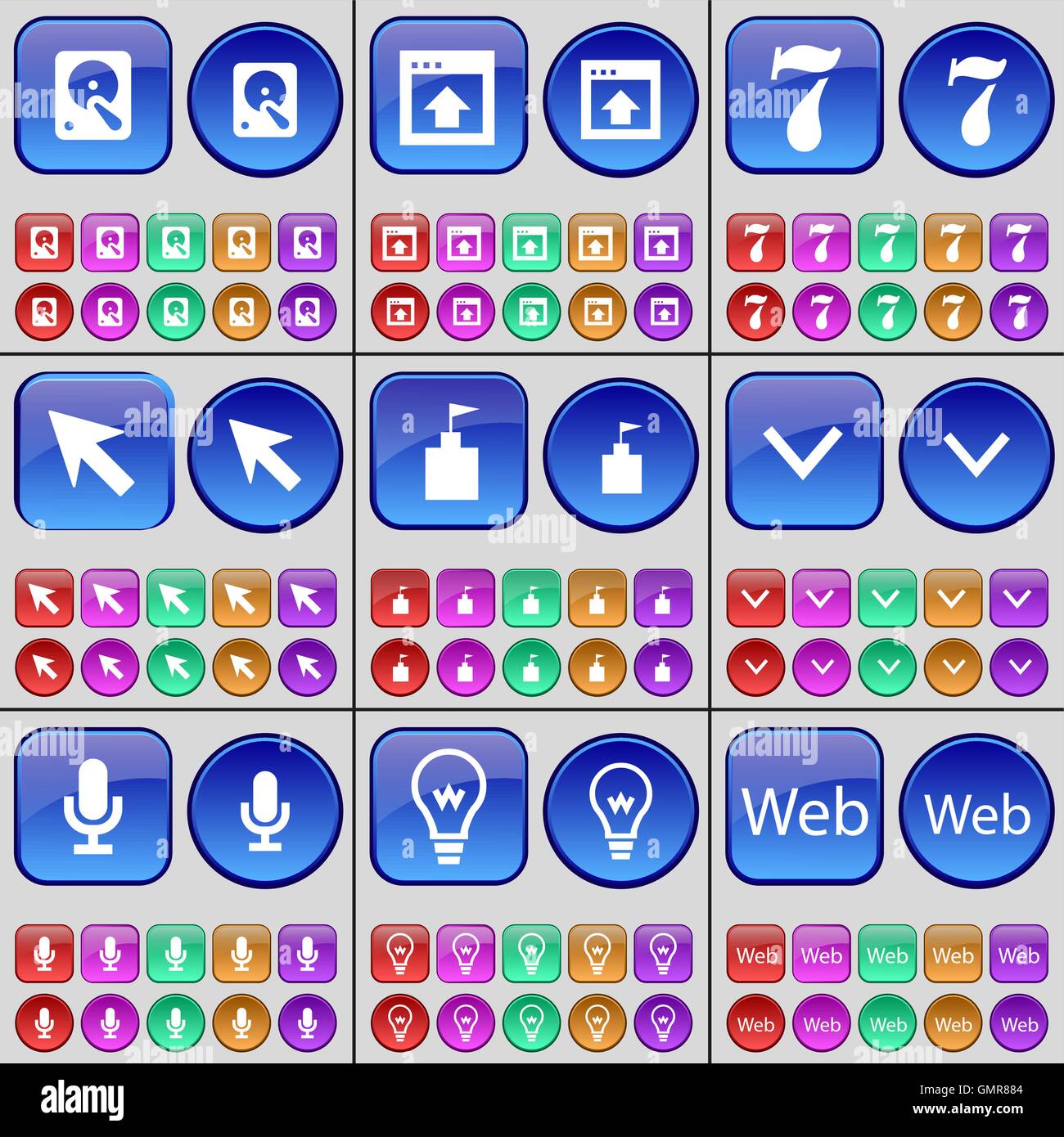 Festplatte, Fenster, sieben, Cursor, Flagge Tower, Pfeil nach unten, Mikrofon, Glühbirne, Web. Eine große Anzahl von bunten Tasten. Ve Stock Vektor
