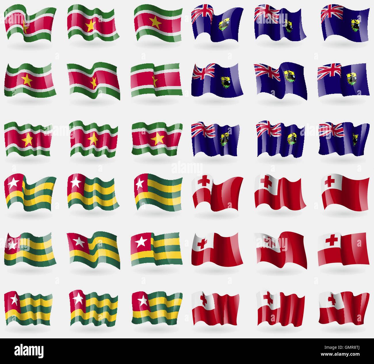 Suridame, Sankt Helena, Togo, Tonga. Satz von 36 Flaggen der Länder der Welt. Vektor Stock Vektor