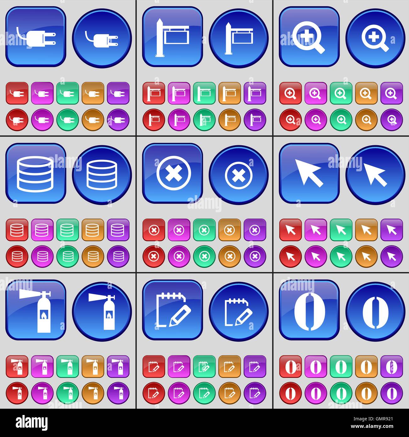 Buchse, Zeichen, Lupe, Datenbank, Stop, Cursor, Feuerlöscher, Notebook, Null. Eine große Anzahl von bunten Tasten. Stock Vektor