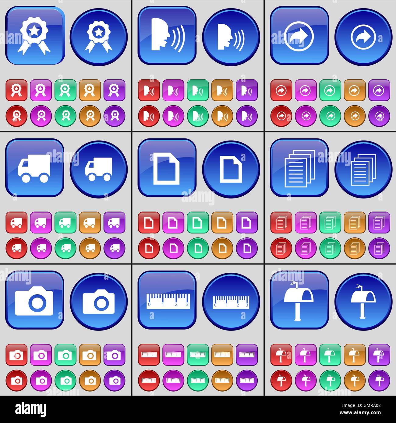 Medaille, Talk, Redo, LKW, Datei, Textdatei, Kamera, Lineal, Postfach. Eine große Anzahl von bunten Tasten. Vektor Stock Vektor