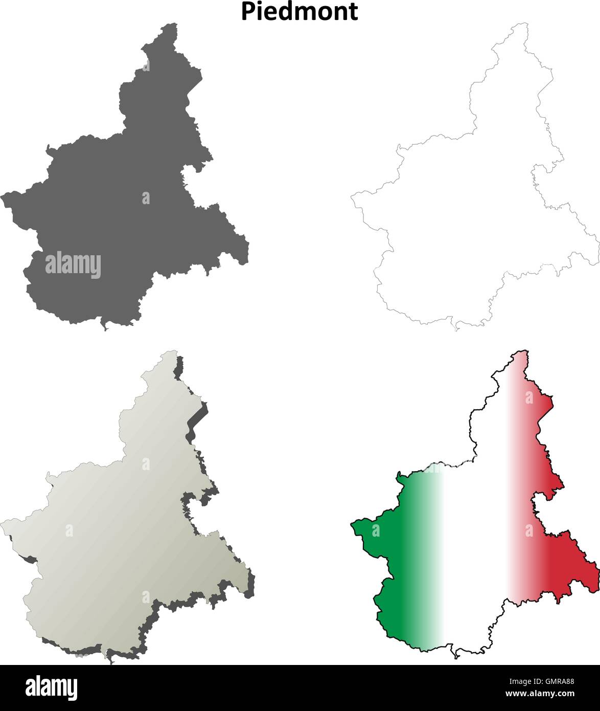 Piemont leer detaillierte Gliederung Karte gesetzt Stock Vektor