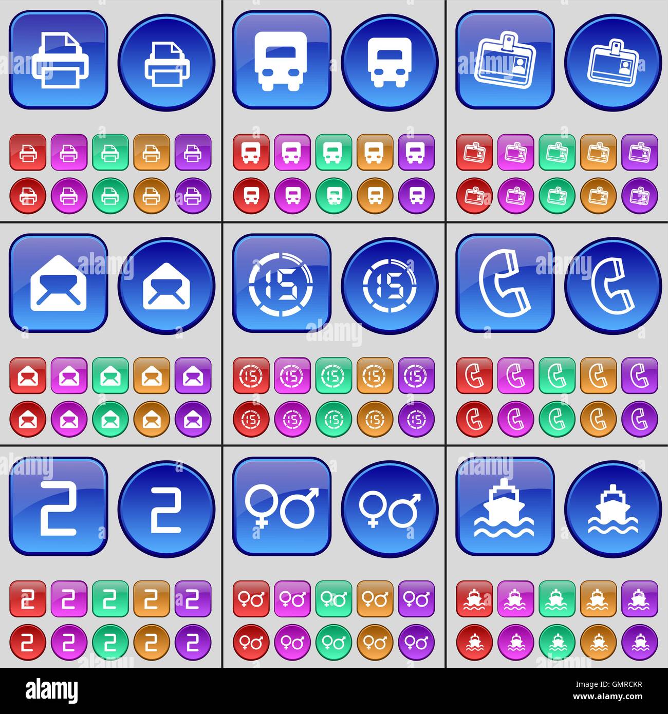 Drucker, LKW, Kontakt, Nachricht, Countdown, Empfänger, zwei, Gender-Symbol versenden. Eine große Anzahl von bunten Tasten. Vektor Stock Vektor