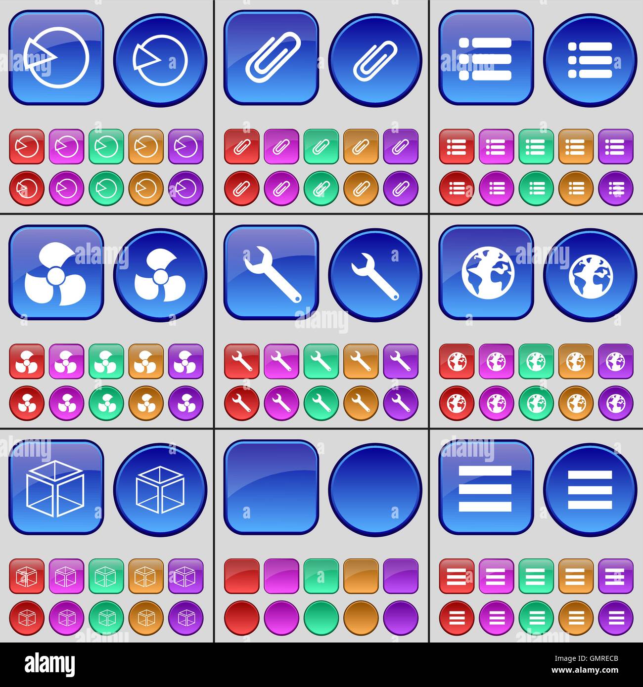 Diagramm, Clip, Liste, Schraube, Schraubenschlüssel, acht, Box, Liste. Eine große Anzahl von bunten Tasten. Vektor Stock Vektor