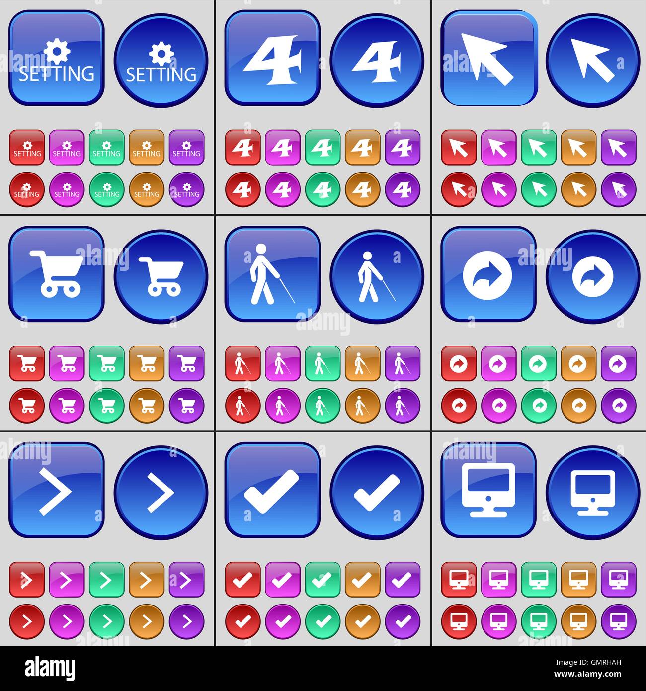 Einstellung, cart vier, Cursor, Shopping, Silhouette, Redo, Pfeil rechts, Tick, Monitor. Eine große Anzahl von bunten Tasten. Vektor Stock Vektor