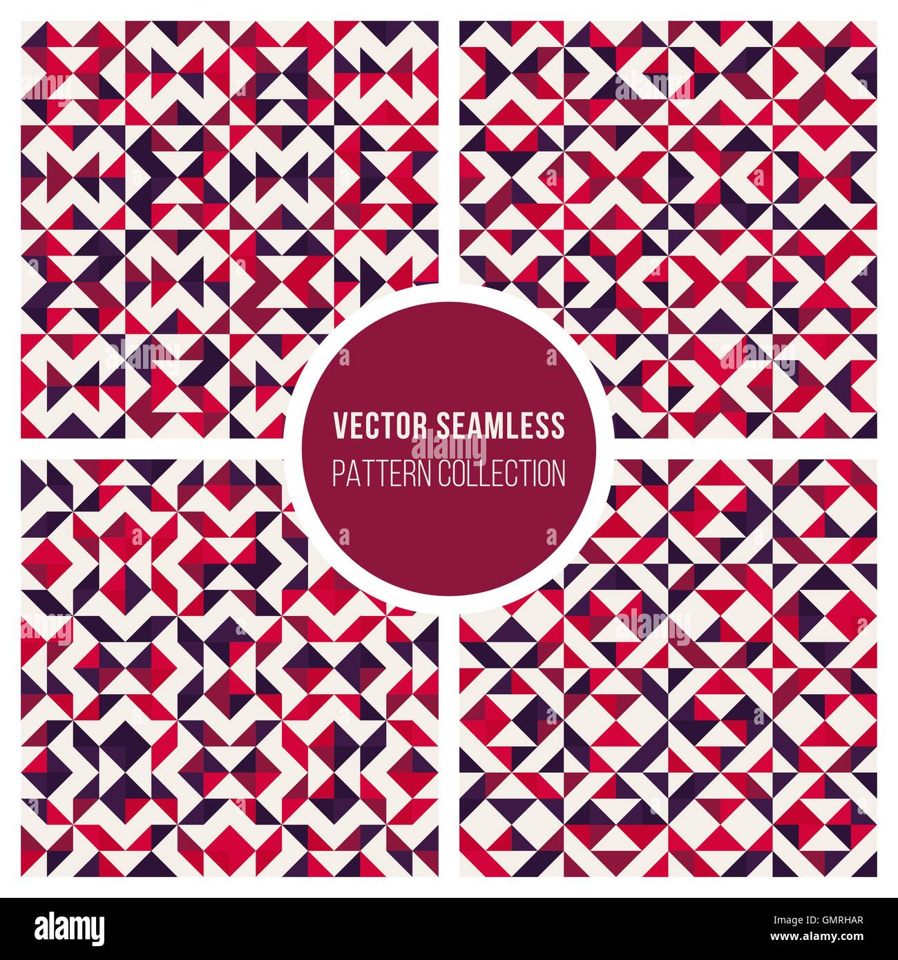 Satz von vier nahtlose Dreieck Truchet geometrische Muster in Pink und lila Stock Vektor