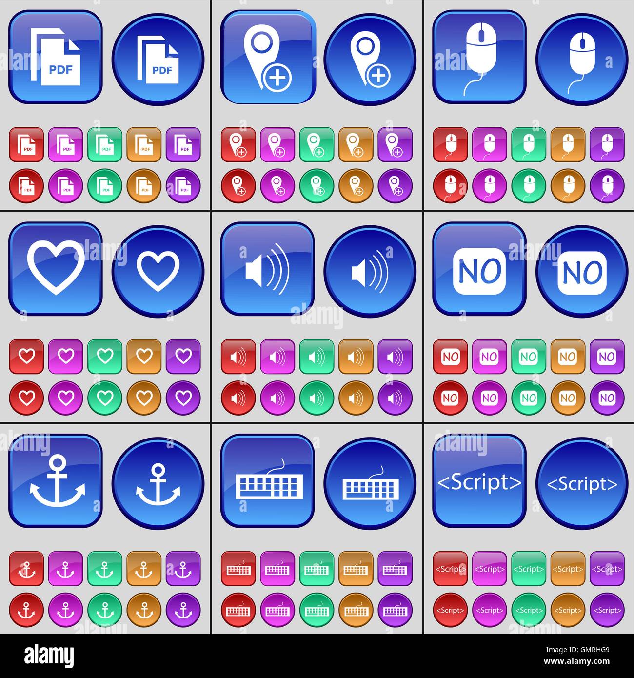 Datei, Checkpoint, Maus, Herz, Sound, Nein, Anker, Tastatur, Code. Eine große Anzahl von bunten Tasten. Vektor Stock Vektor