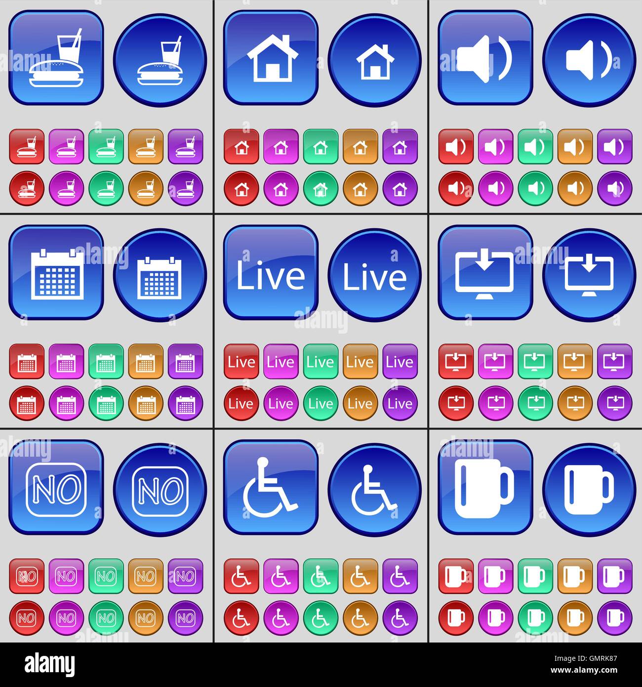 Essen, Haus, Monitor, Sound, Kalender, Live deaktiviert Nein, Person, Cup. Eine große Anzahl von bunten Tasten. Vektor Stock Vektor