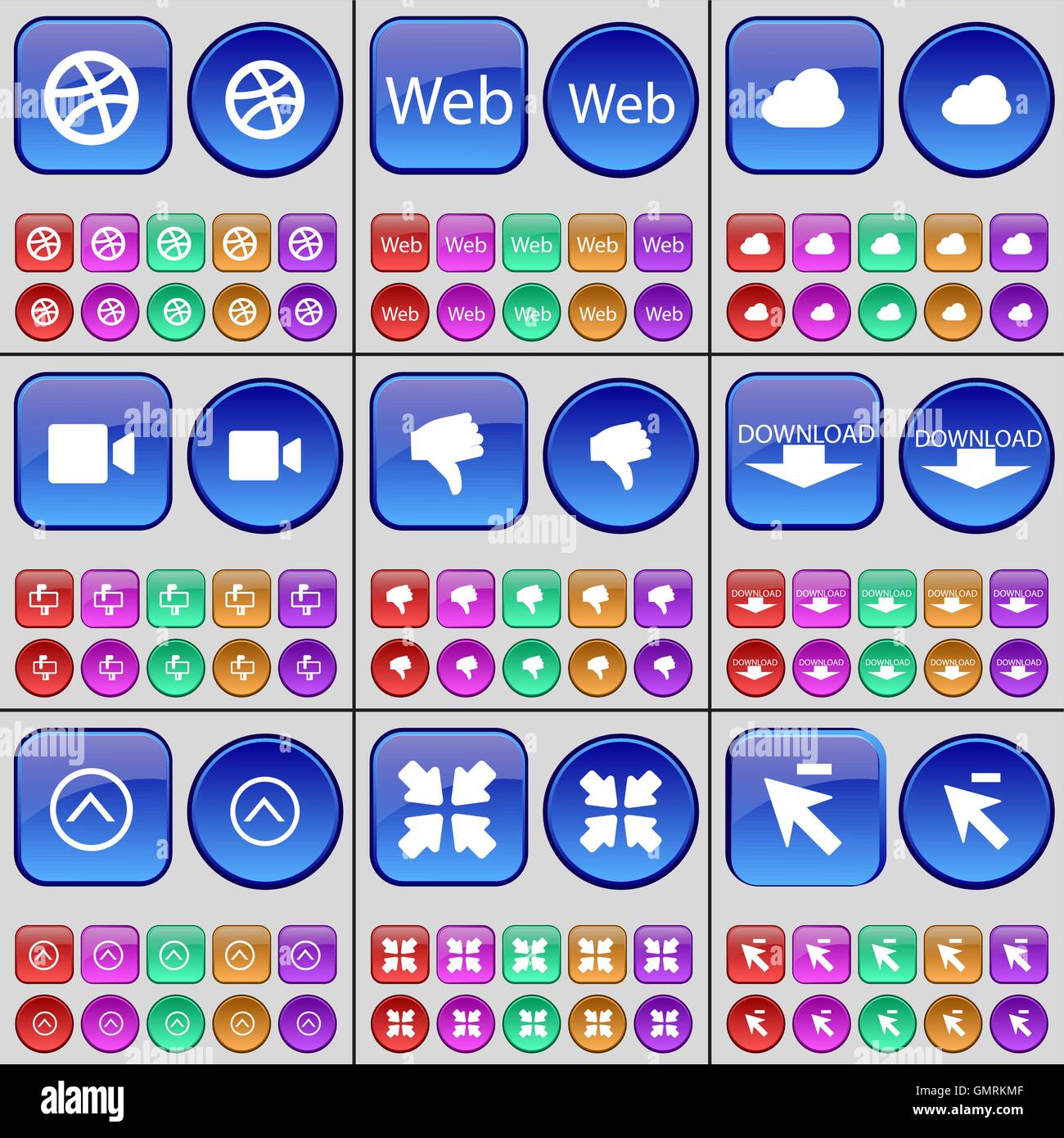 Ball, Web, Cloud, Film Kamera, Abneigung, Download, Pfeil nach oben, Bereitstellen von Bildschirm, Cursor. Eine große Anzahl von bunten Tasten. VECT Stock Vektor